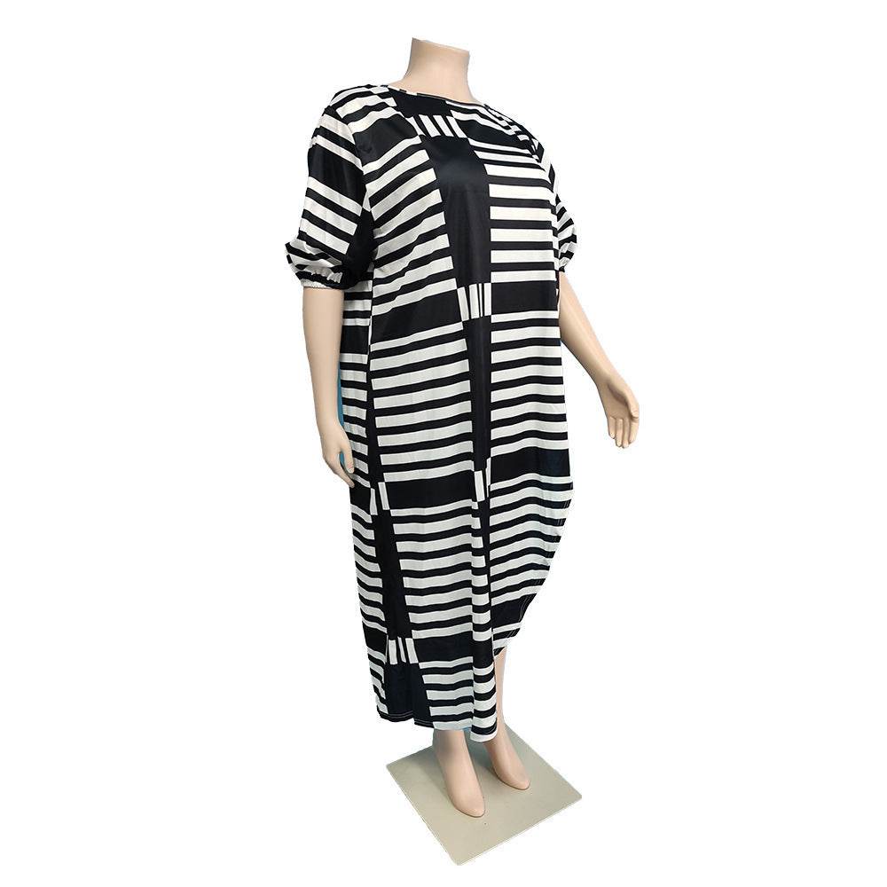 Loose Personality Striped Plus Size Women's Casual Dress - Mubimart