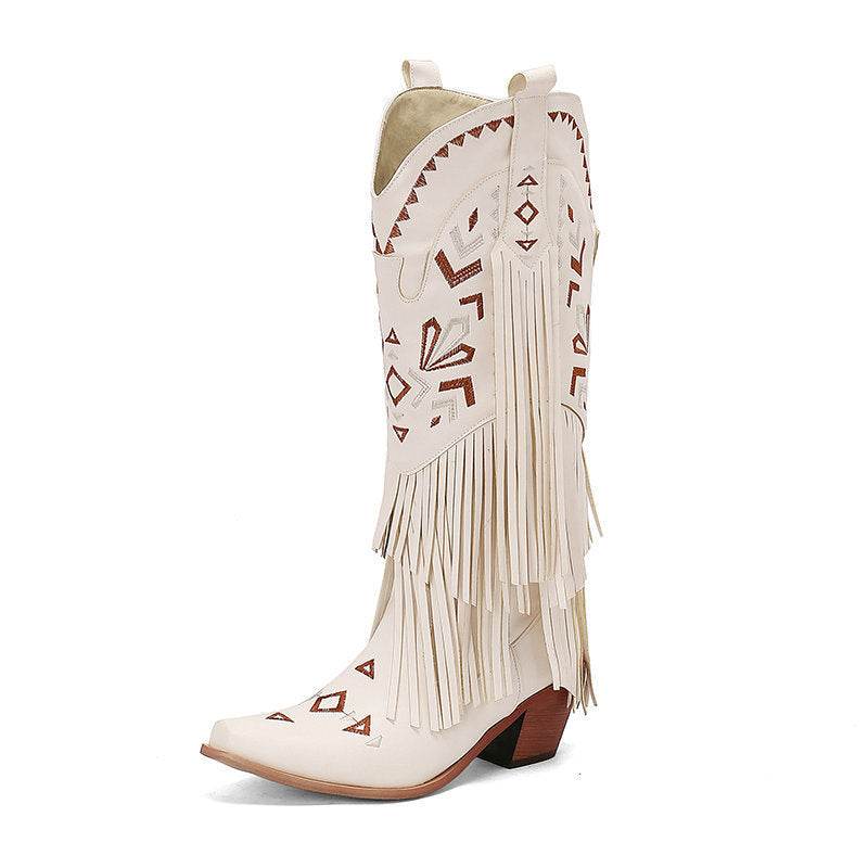 High Heel Tassel Decoration Below The Knee Western Cowboy Boot - Mubimart