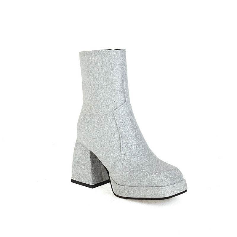 Square Toe Booties Female High Heel Martin Boots Sequin High Heels Ankle Boots - Mubimart