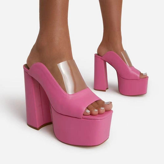 Solid Color Thick Heel Sandal Female - Mubimart