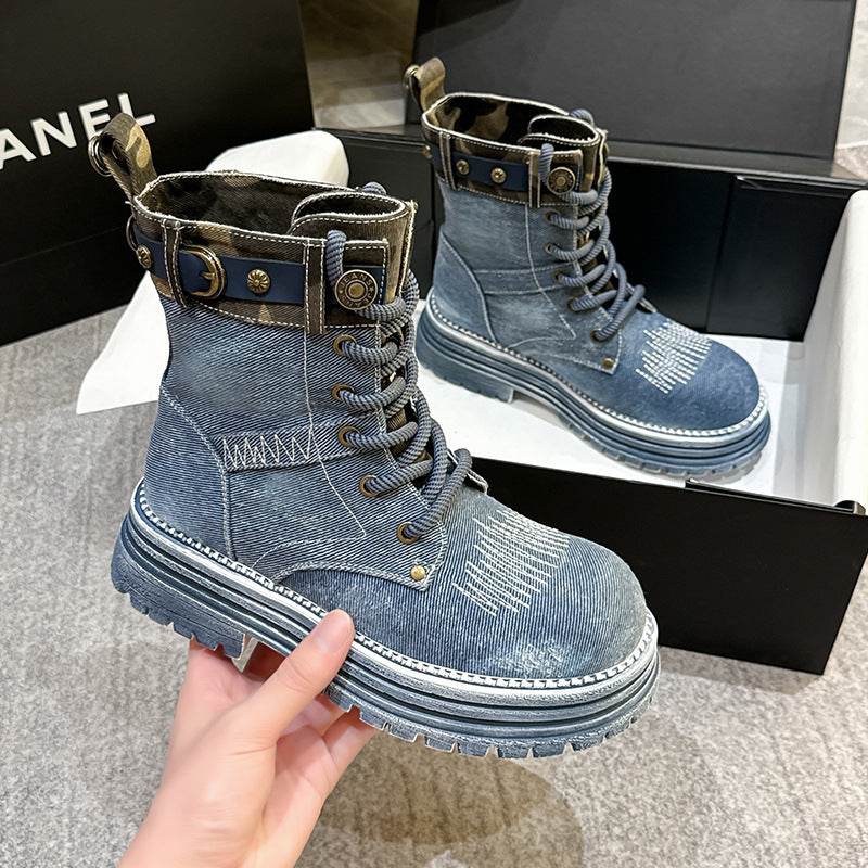 Platform Martin Boots Women's British Style Ankle Boots Retro Distressed Western Cowboy Boot - Mubimart