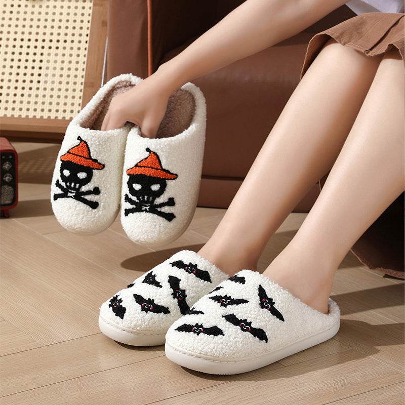 Halloween Skull Rose Slippers Winter Warm Indoor Floor Bedroom Home Slipper For Women - Mubimart