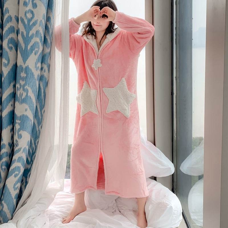 Winter Stars And Moon Flannel Girlfriends Pajamas Female Couple Nightgown Plus Size Lamb Cashmere Home Service - Mubimart