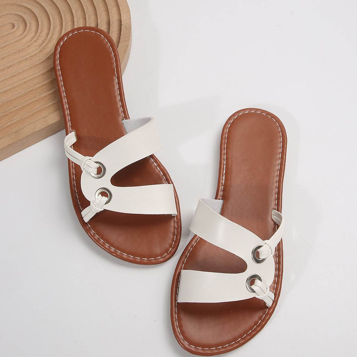 Round Toe Flat Sandals Summer Fashion Casual Non-slip Slides Shoes For Women - Mubimart