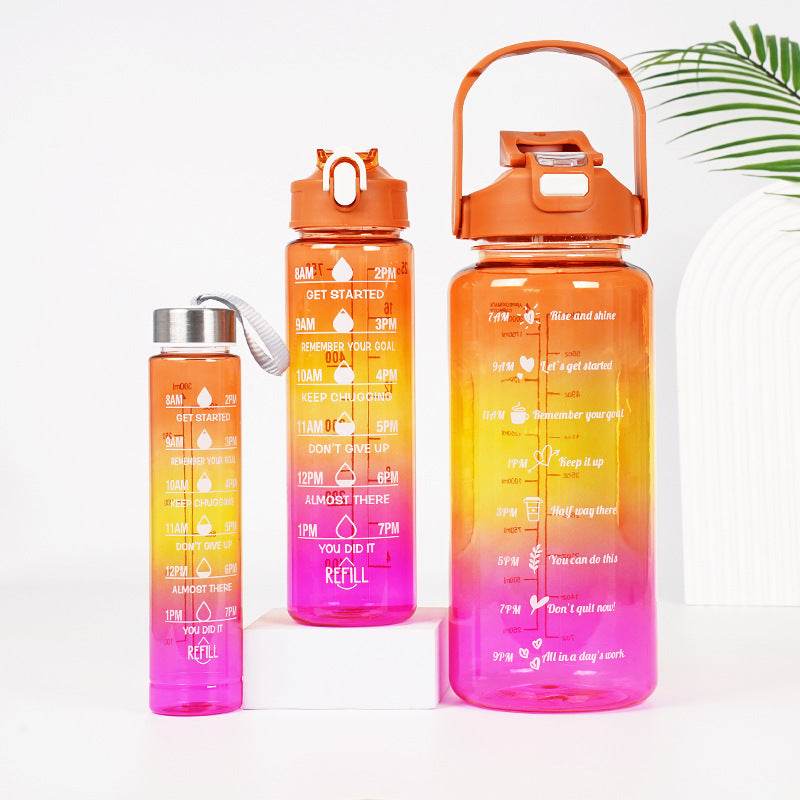 3-in-1 Gradient Color Motivational Water Bottles Set Plastic Straw Double Drink Translucent Outdoor Sports Bottle - Mubimart