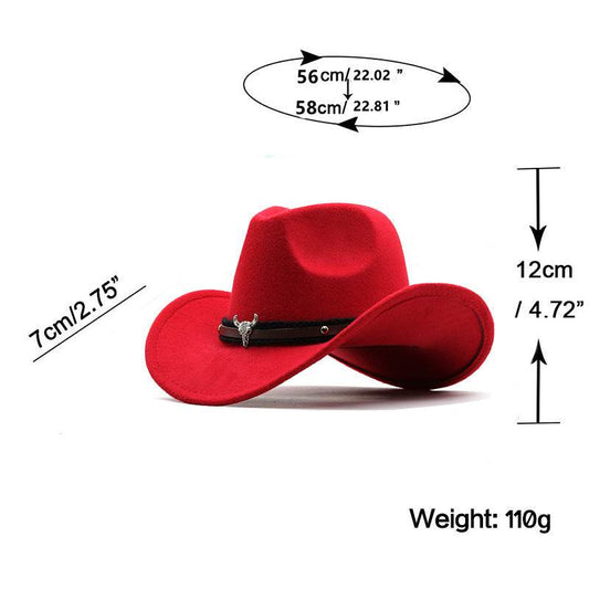 Metal Bull Head Label Western Denim Top Woolen Fedora Hat - Mubimart
