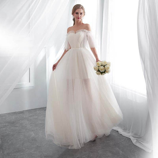 White Off Shoulder Elegant Prom Dress - Mubimart