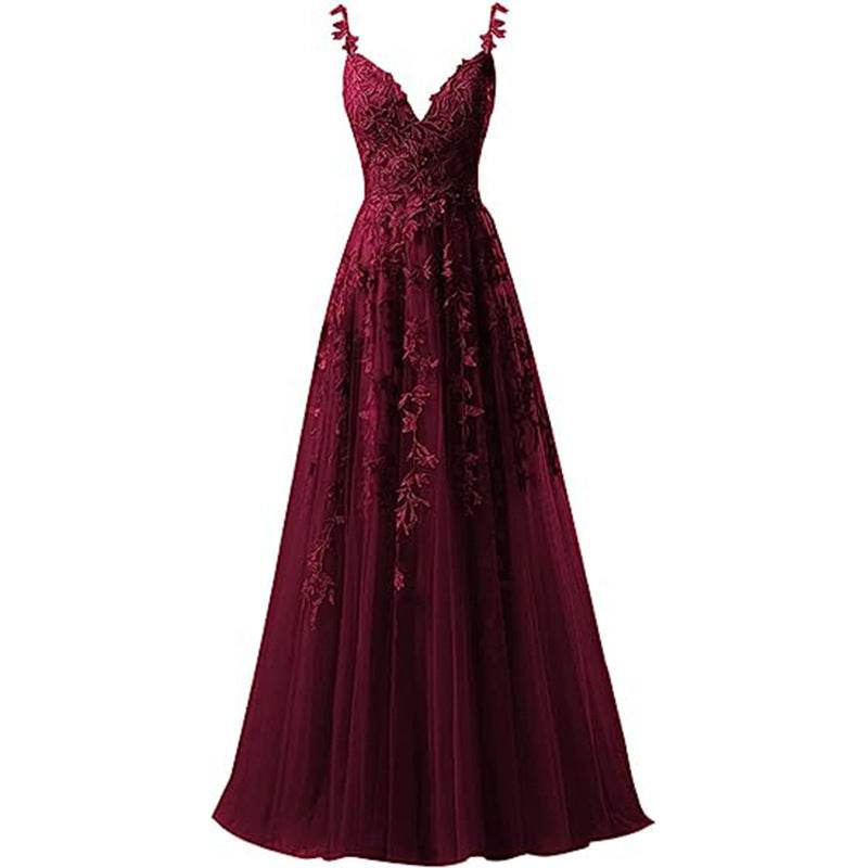 Evening Dress Suspender Style Long Tulle Lace For Prom - Mubimart