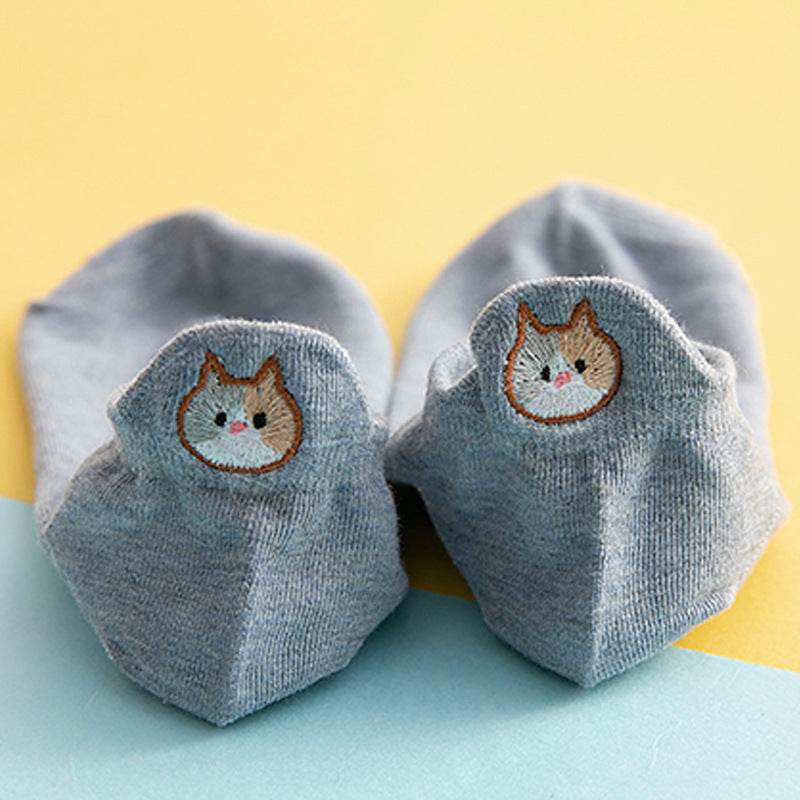 Socks Female Embroidered Cat Boat Socks Shallow Mouth Cute Low Waist - Mubimart