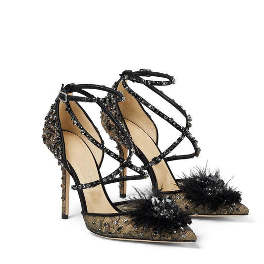 Nude Lace Rhinestone Floral Pumps - Mubimart