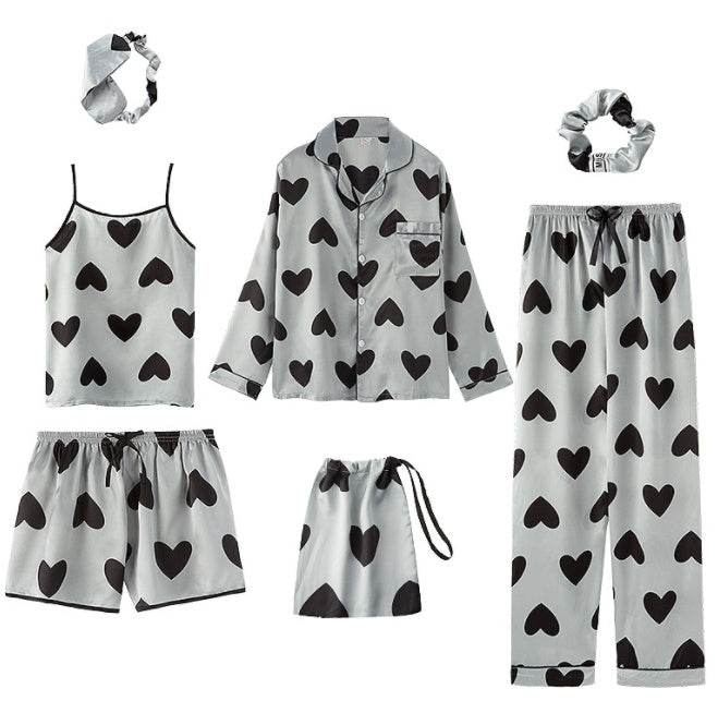 Simulated Silk Striped Seven-piece Loungewear - Mubimart