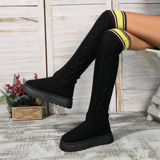 Winter Over-the-knee Boots With Long Knitted Sock Design Fashion Flat Thick-soled Shoes For Women Casual Warm Long Boot - Mubimart