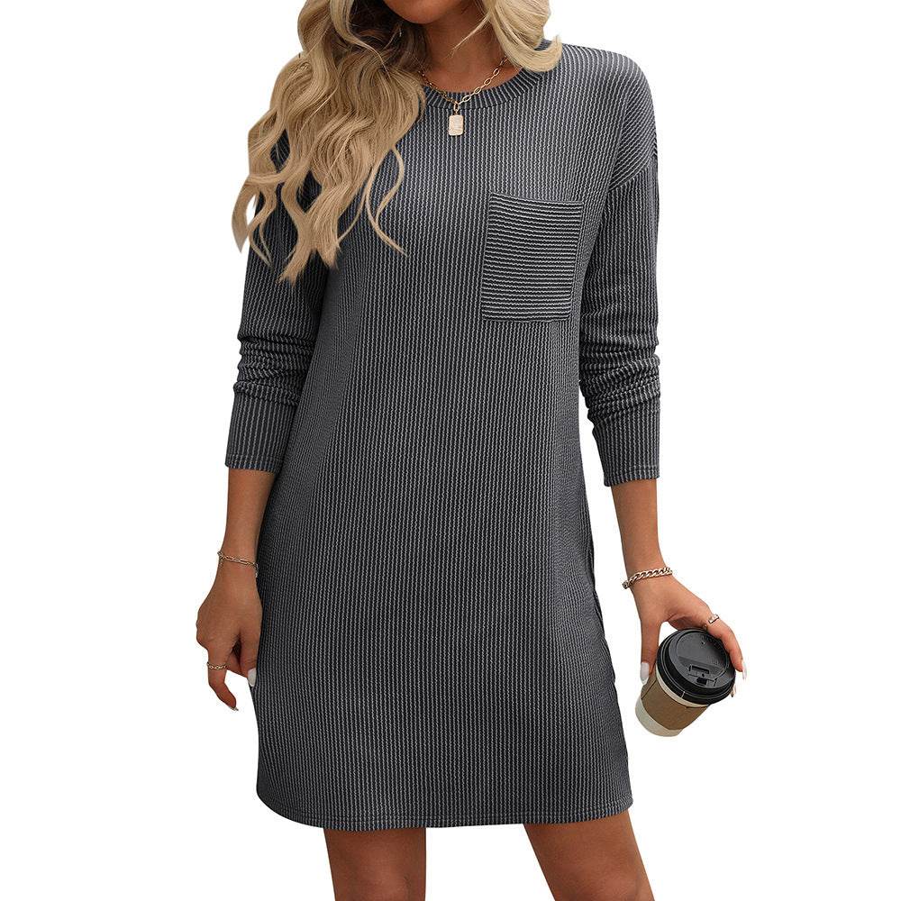New Solid Color Striped With Pockets Long Sleeve Dress Fashion Round Neck Straight Dress Women's Clothing - Mubimart