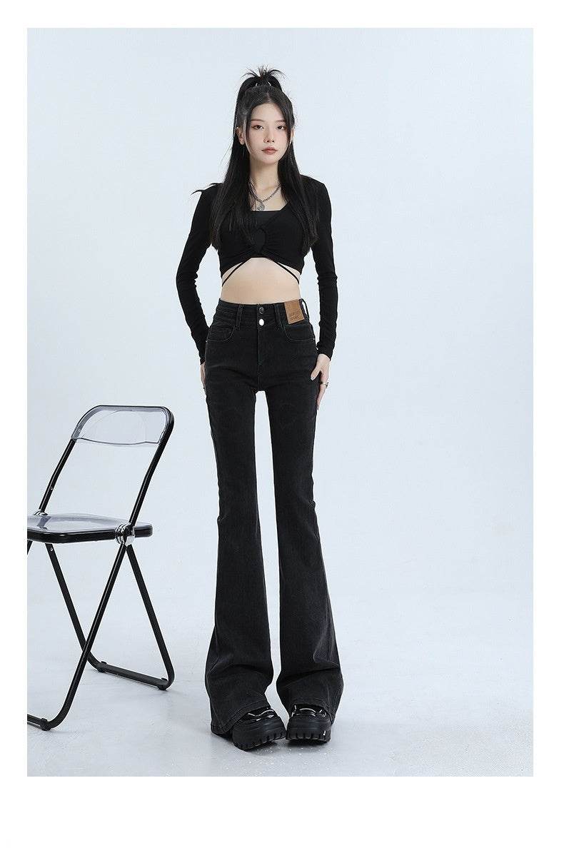 High Waist Slimming Hot Girl Double Buckle Slightly Flared Jeans Women - Mubimart
