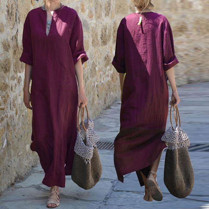 European And American Loose V-neck Plus Size Half Sleeve Split Maxi Dress - Mubimart