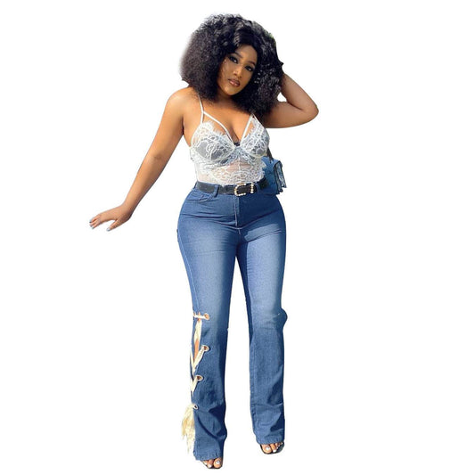 Solid Color Jeans Lace Up Bootcut Trousers - Mubimart