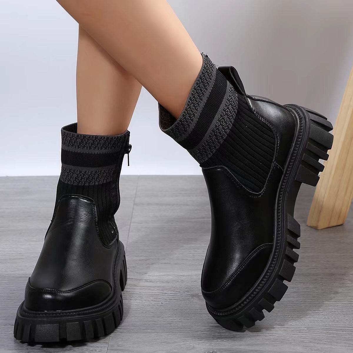 Fashion Mid-tube Boots With Zipper Design Non-slip Thick Sole Elastic Knitted Patchwork Boots For Women Round Toe Shoes Winter - Mubimart