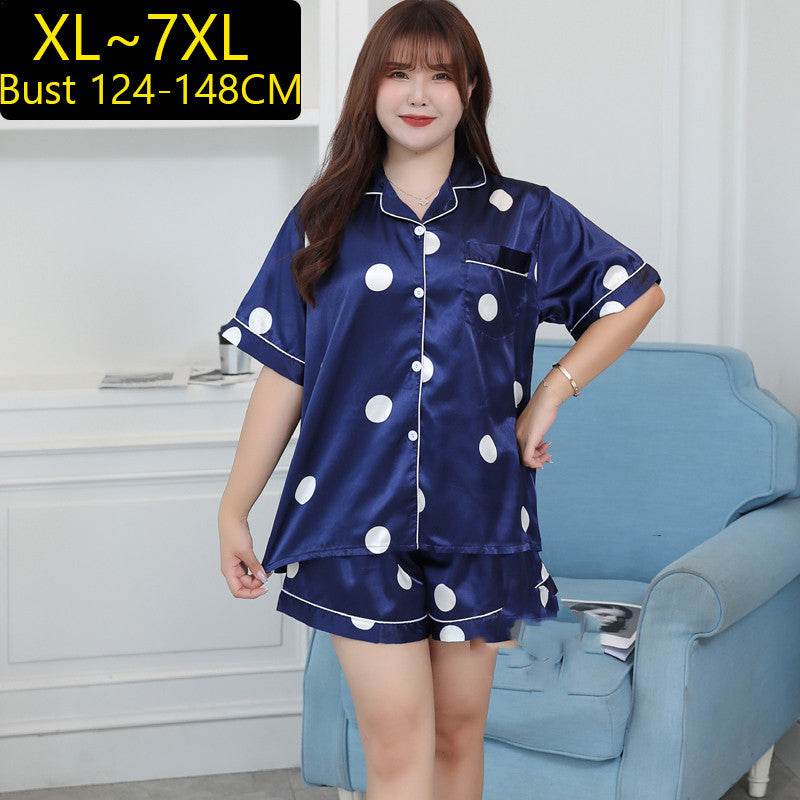 Summer Plus Size Ladies Ice Silk Short Sleeve Pajama Set - Mubimart