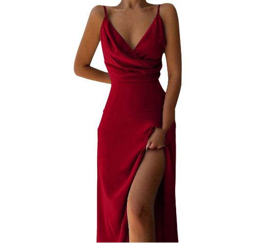 V-neck Slip Dress Low Cut Printed Slit Dress - Mubimart