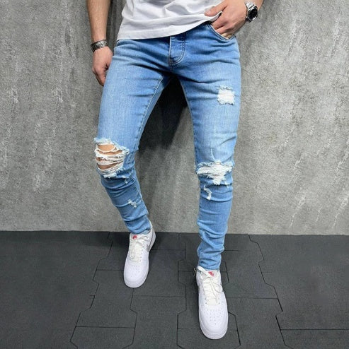 Modische, hellblaue, zerrissene Slim Fit Jeans