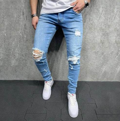 Fashion Light Blue Ripped Slim Fit Jeans - Mubimart
