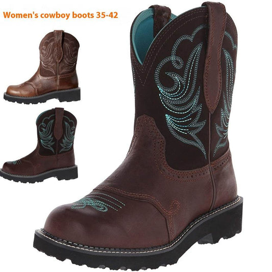 Embroidered Women Cowboy Boot Autumn And Winter Women's Mid Boots - Mubimart