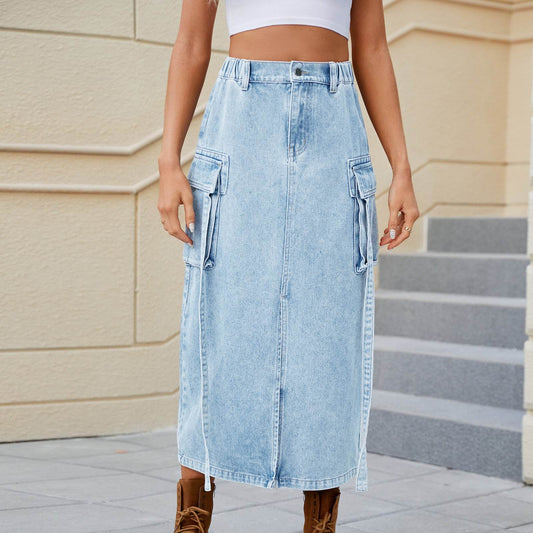 Washed Elastic Waist Ribbon Workwear Skirt - Mubimart