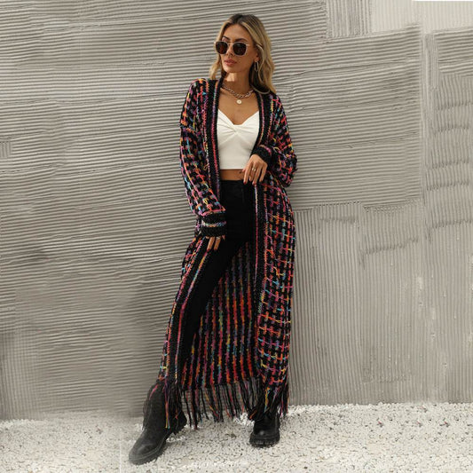 Women's Plus Size Tassel Long Cardigan Jacket Sweater - Mubimart