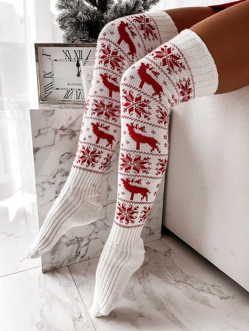 Women Long Socks Christmas Women Knitted Cotton Woolen Stocking Warm Thigh High Over The Knee Cute Deer Printing Socks Twist Cable Crochet - Mubimart -  