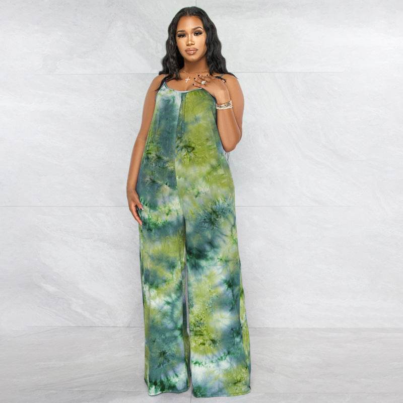 Tie-dyed Printed Sling Casual Plus Size Jumpsuit - Mubimart