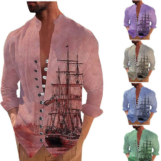 Men's Fashion 3D Vintage Print Sailboat Stand Collar Long Sleeve Button-down Shirt - Mubimart