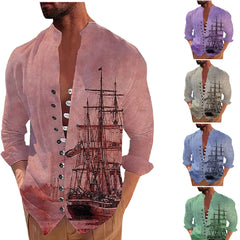 Men's Fashion 3D Vintage Print Sailboat Stand Collar Long Sleeve Button-down Shirt