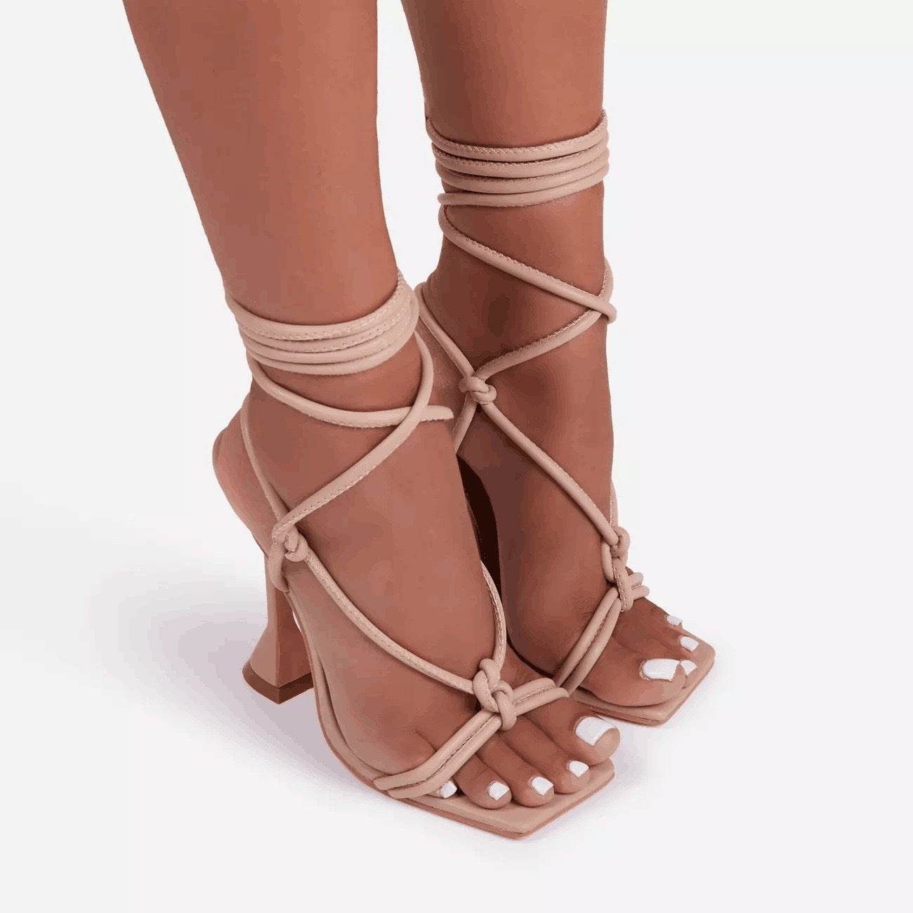 High Heel Strappy Sandals Women Square Toe Shoes Party - Mubimart