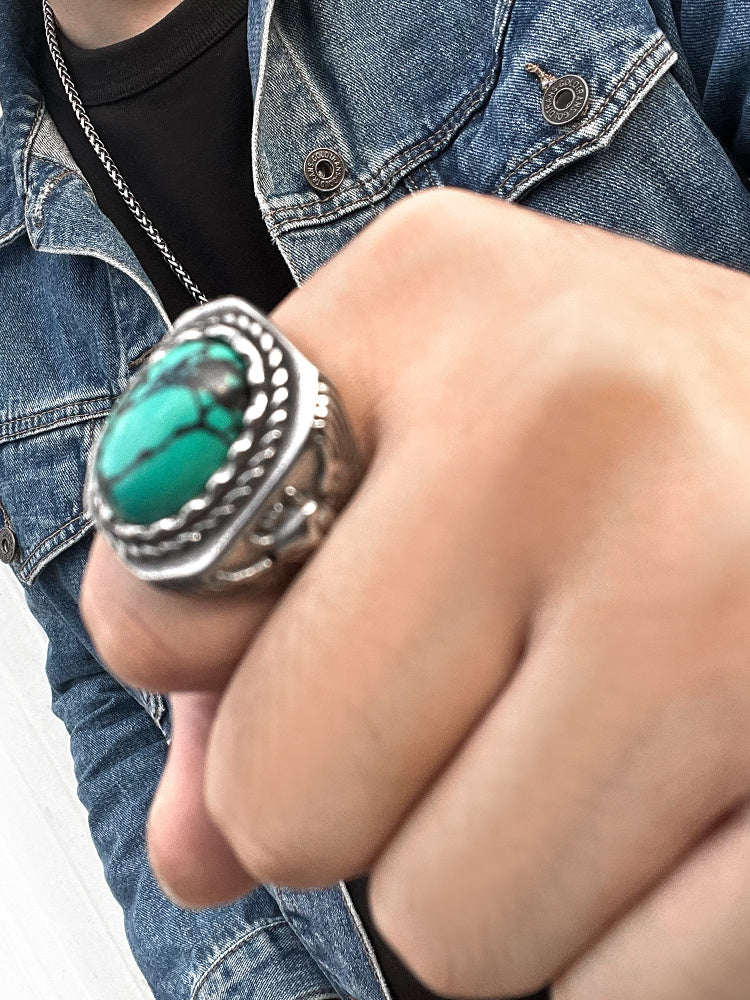 Vintage Turquoise Uil Ring Voor Mannen