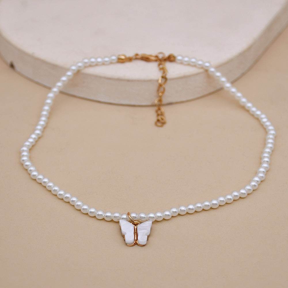Elegant White Pearl Choker Necklace Small Round Pearl Wedding Butterfly Necklace For Women Charm Fashion Jewelry - Mubimart