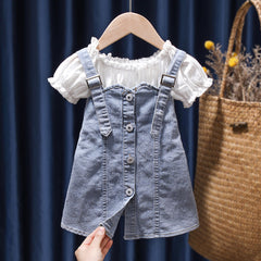 Children\'s Summer Denim Strap Skirt Baby Fashion Short Sleeve Two Piece Set - Mubimart -  