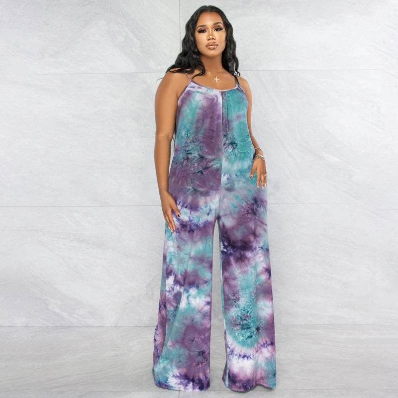 Tie-dyed Printed Sling Casual Plus Size Jumpsuit - Mubimart