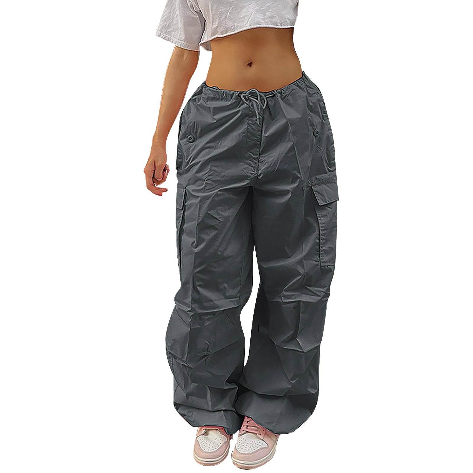 Casual Cargo Pants For Women Solid Color Drawstring Pocket Design Fashion Street Trousers Girls - Mubimart