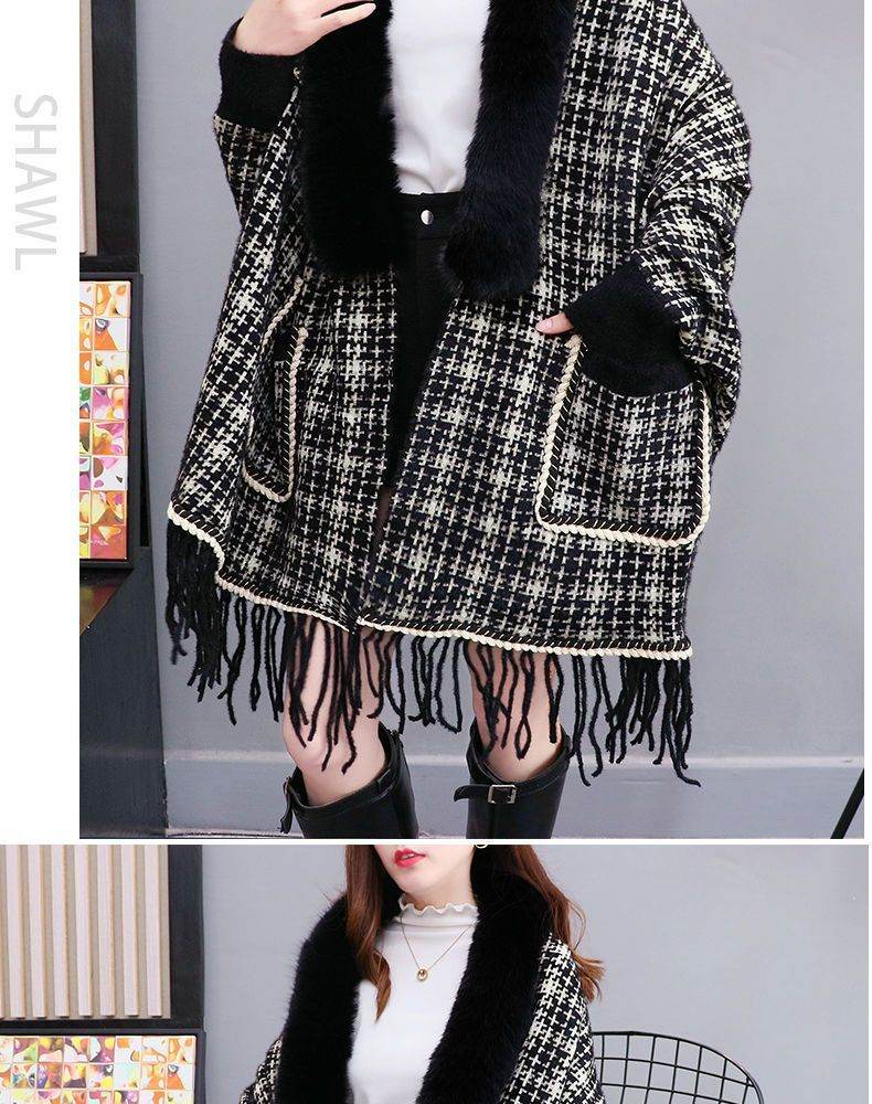 Autumn And Winter New Imitated Mink Cashmere Fur Collar Cape And Shawl Plus Size Tassel Knitted Cardigan - Mubimart