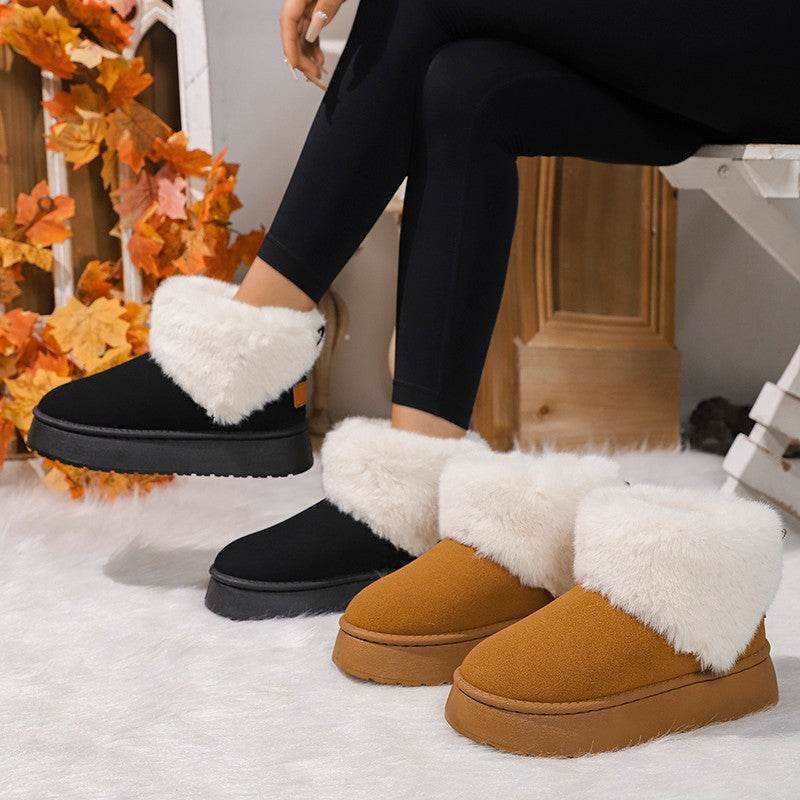 Winter Plush Snow Boots Fashion Round Toe Flat Thickened Suede Cotton Shoes For Women Casual Warm Short Boot - Mubimart
