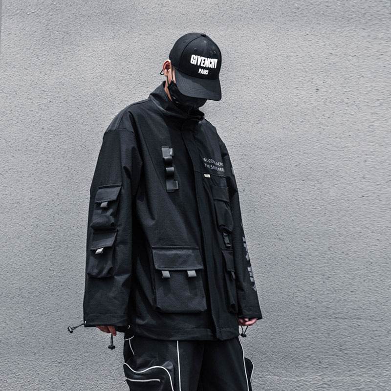 Mens Hooded Dark Functional Wind Letter Reflective Top Coat - Mubimart