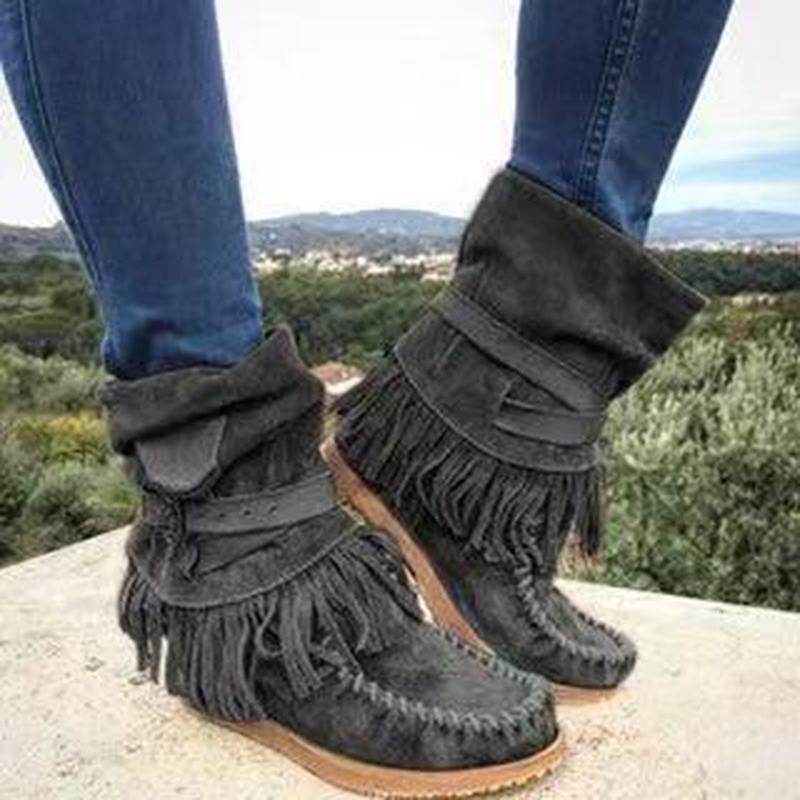 Fringe Middle Boots Women Sexy Tassel Boots Fashion Buckle - Mubimart