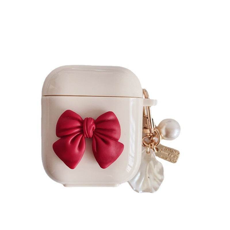 Beige Red Bow Shell Pendant Wireless Earphone Case - Mubimart
