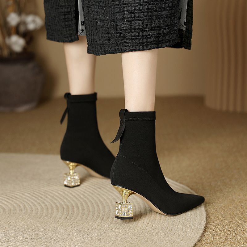 Women Pointed Toe Mid-calf High-heeled Skinny Boots