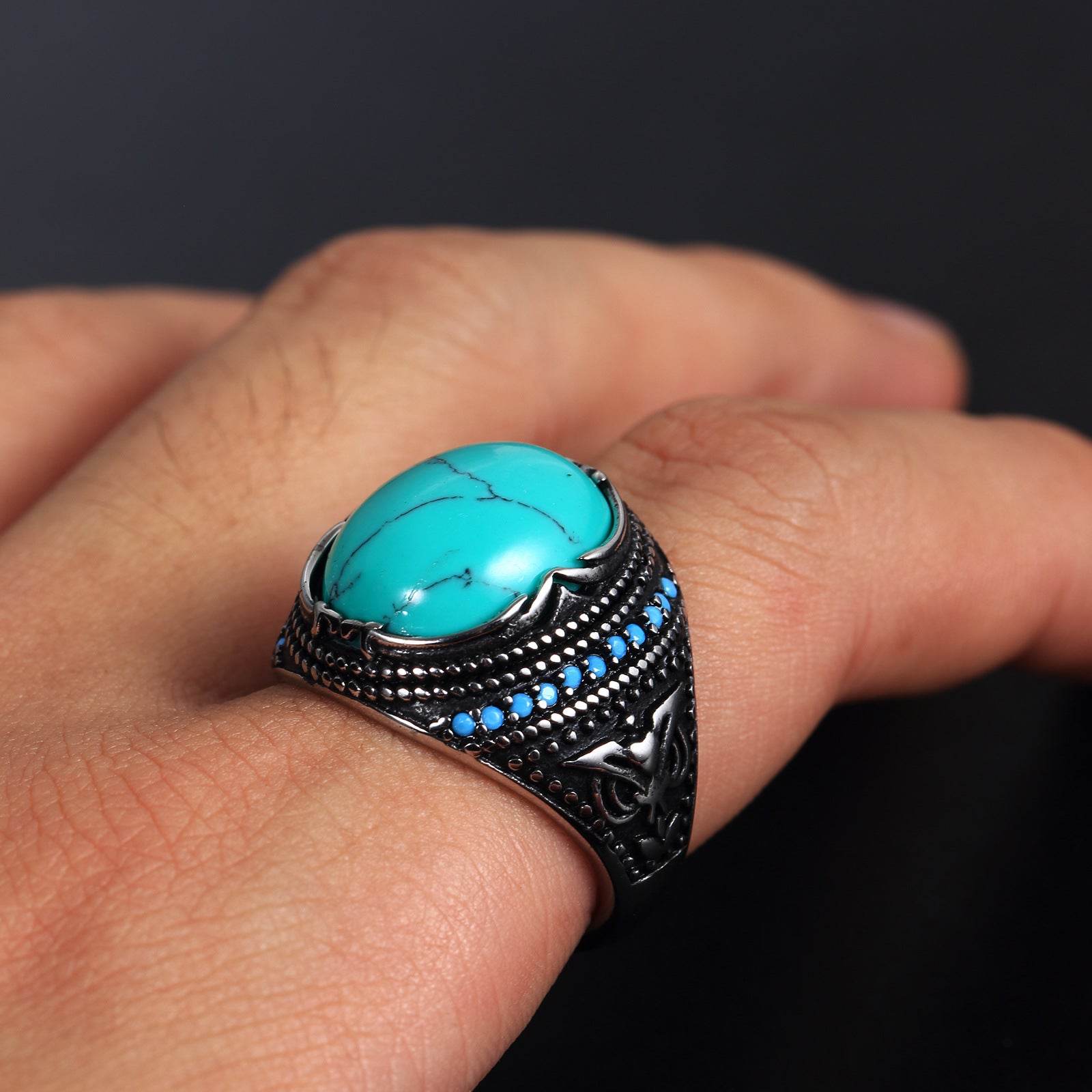 Accessories Titanium Steel Textured Turquoise Ring For Men - Mubimart