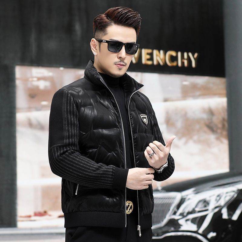 Down Jacket Men's Stand Collar Knitted Sleeve Casual Duck Down Coat - Mubimart