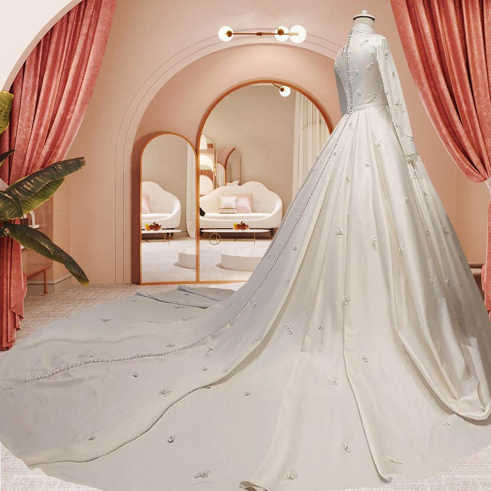 Women's Fashion Temperament Satin Stand-up Collar Long-sleeved Wedding Dresses - Mubimart