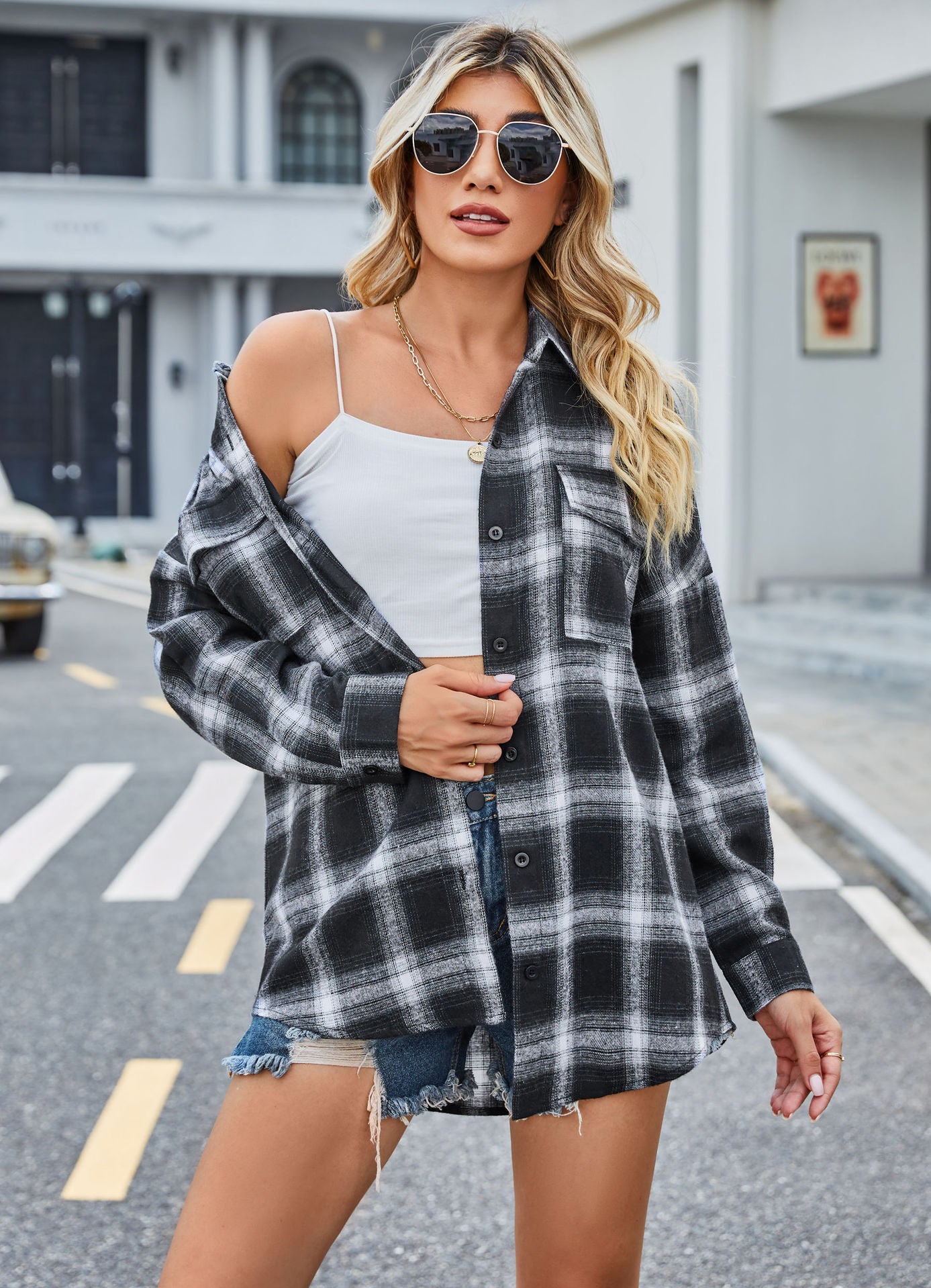 European And American Autumn And Winter Leisure Long Sleeve Flannel Plaid Pocket Shirt