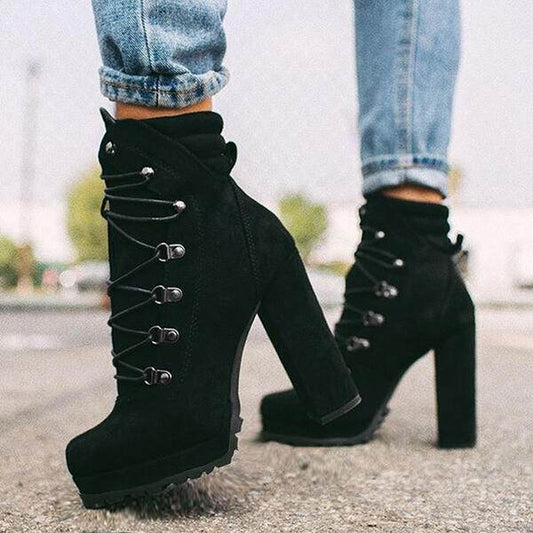 Heeled Boots For Women Round Toe Lace UP High Heels Boots Mid Calf Shoes - Mubimart