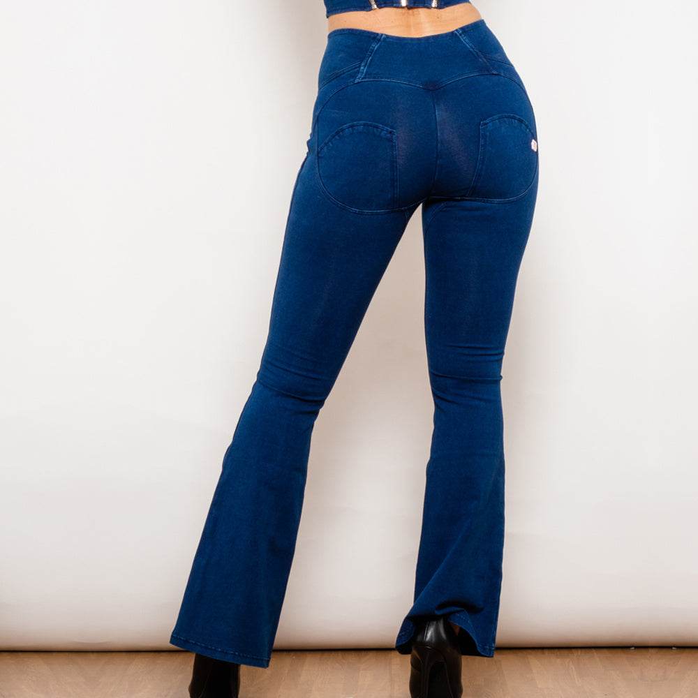 Shascullfites Melody Dark Blue Flared Lift Jeggings Button Up Jeans Bum Lift Jeans High Waist Flare Jeans Women - Mubimart